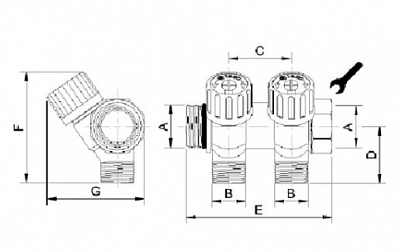 1135950 USYSTEMS коллектор SH 3/4" с вентилями НР/ВР 2x1/2"НР, ц/ц 38мм '5И